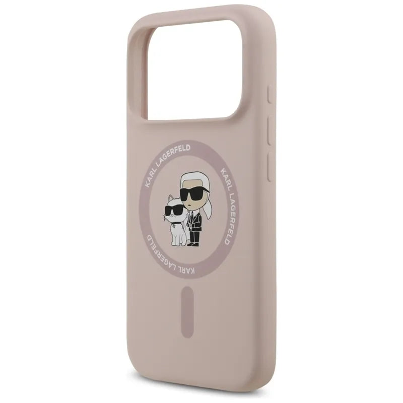 Karl Lagerfeld Silicone Karl & Choupette Ring MagSafe – Dėklas iPhone 17 Pro (rožinis)