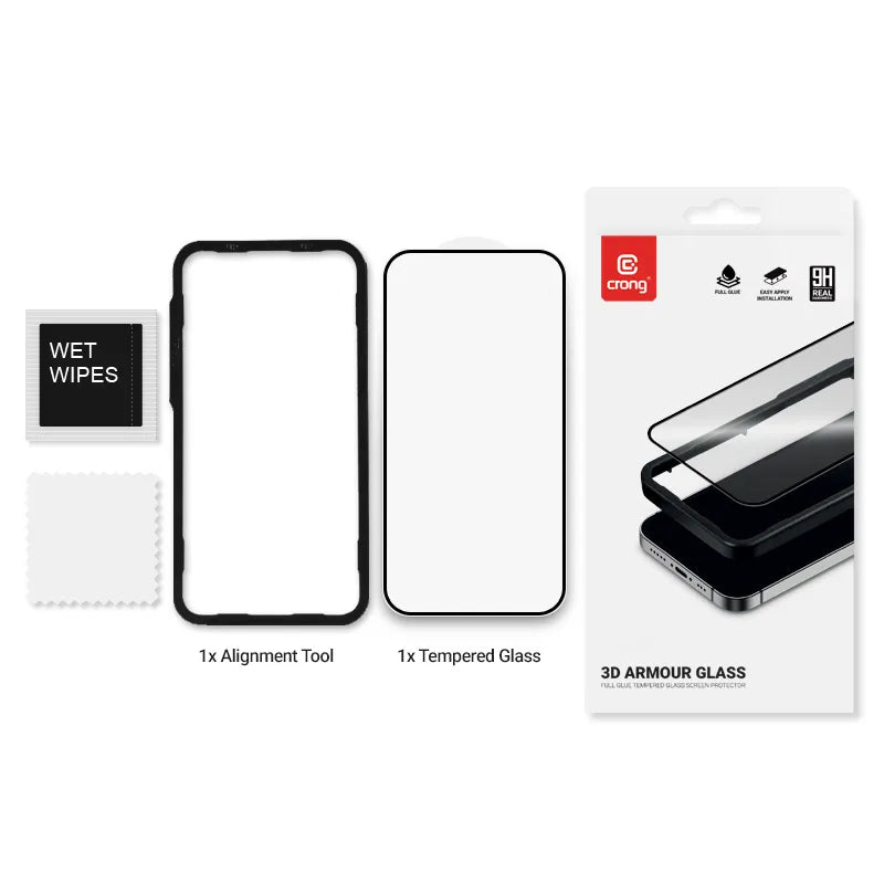 Crong 3D Armor Glass – 9H Full Glue grūdintas stiklas, skirtas iPhone 16 / iPhone 15 + montavimo rėmelis
