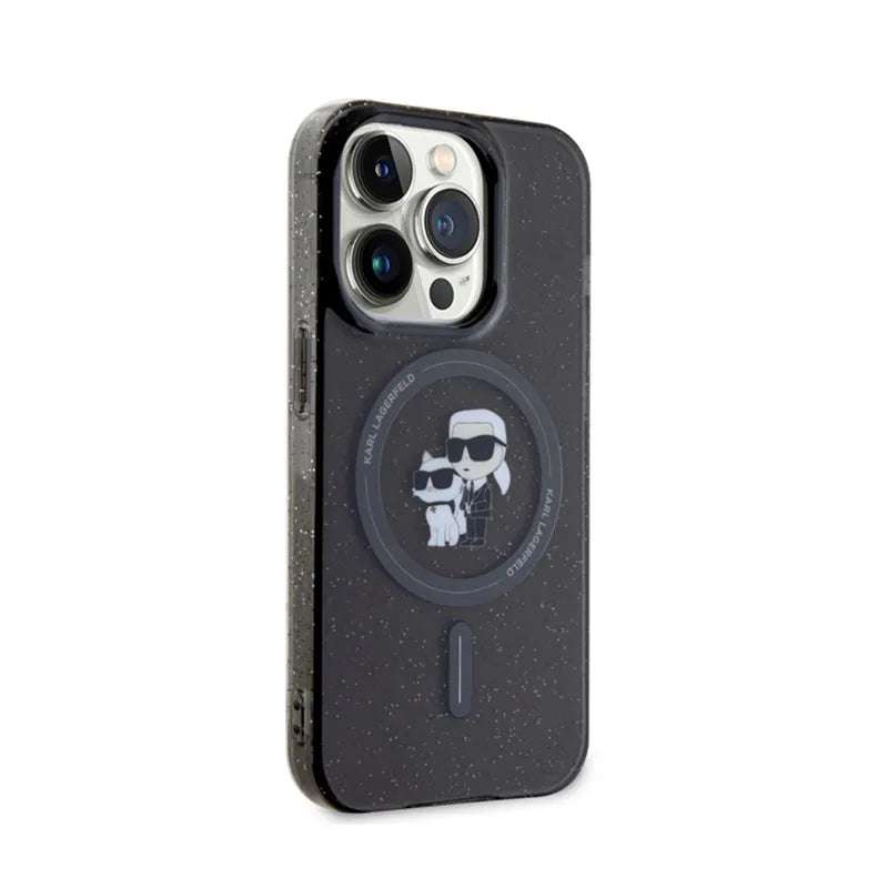 Karl Lagerfeld Karl & Choupette Glitter Magsafe – dėklas iPhone 15 Pro (juodas)