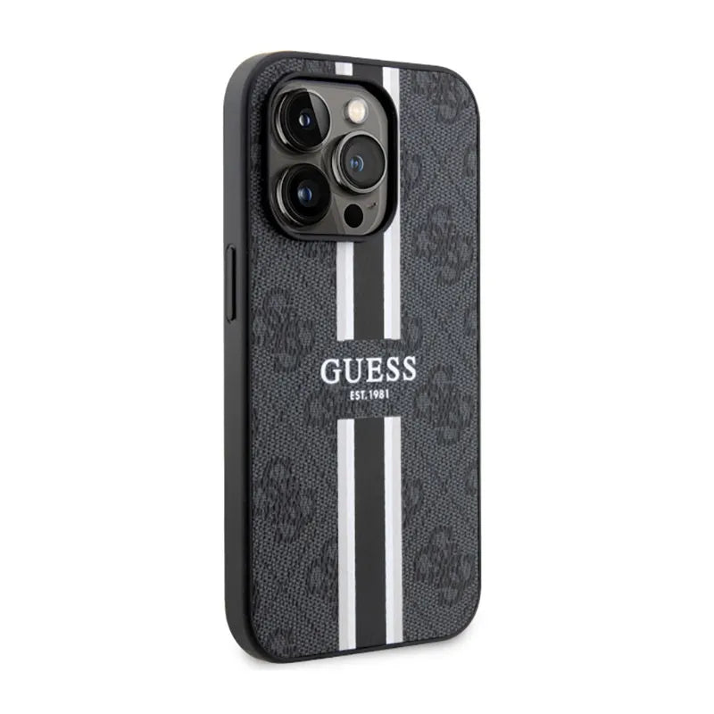 Guess 4G Printed Stripes MagSafe – Dėklas, skirtas iPhone 14 Pro (juodas)