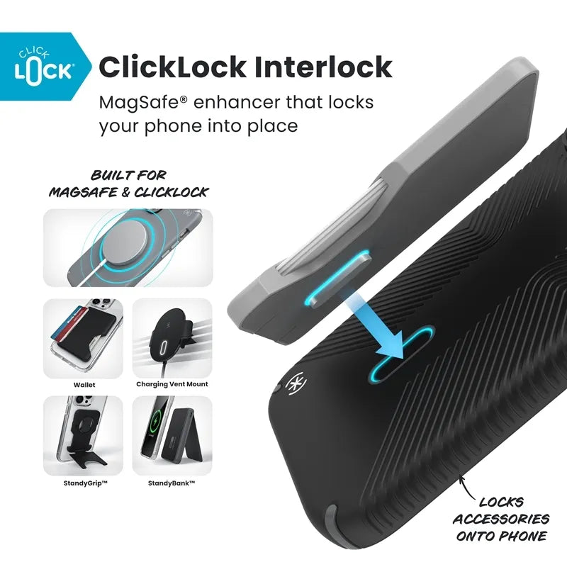 Speck Presidio2 Grip ClickLock & MagSafe dėklas, skirtas iPhone 17 Pro Max (juodas / pilkas / baltas)