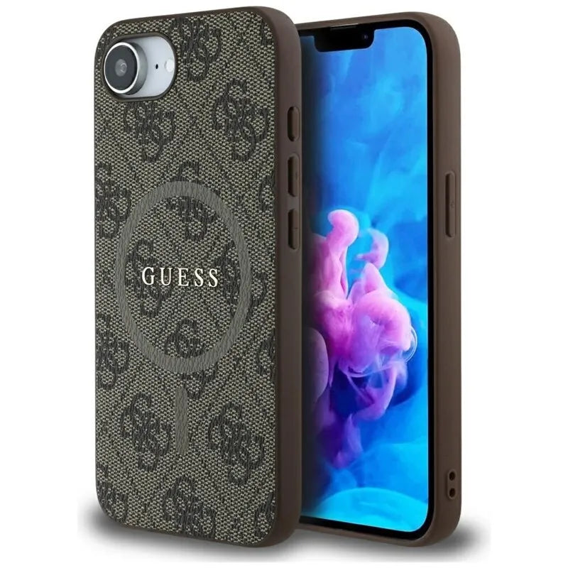 Guess 4G Ring Classic Logo MagSafe – dėklas skirtas iPhone 16e (rudos spalvos)