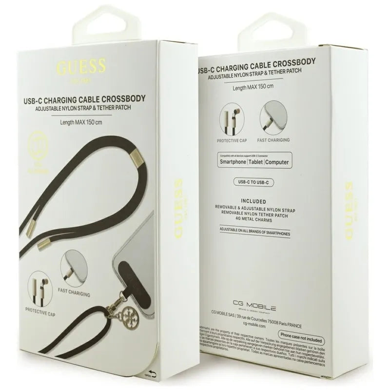 Guess Crossbody Strap 4G Charm – Universalus telefono dirželis / USB-C į USB-C kabelis 1,5 m (juodas)