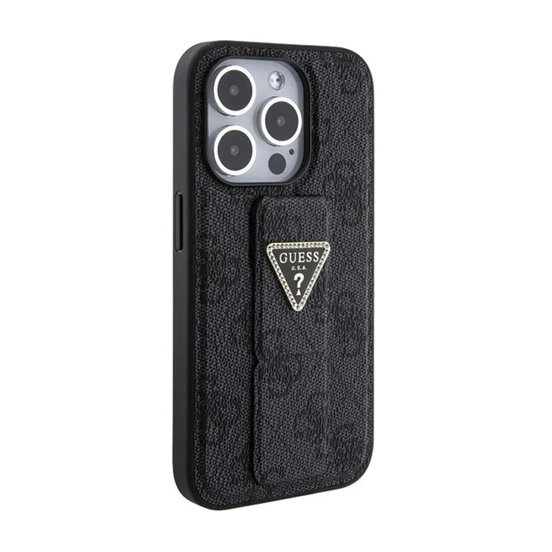 Guess Grip Stand 4G Triangle Strass Logo – dėklas iPhone 15 Pro Max (juodas)
