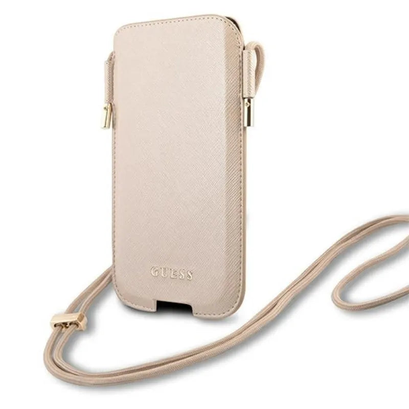 Guess Saffiano dėklas - telefono krepšys S / M max 6.1 "(auksinis)
