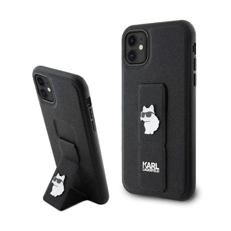 Karl Lagerfeld Gripstand Saffiano Choupette Pins – dėklas Apple iPhone 11 (juodas)