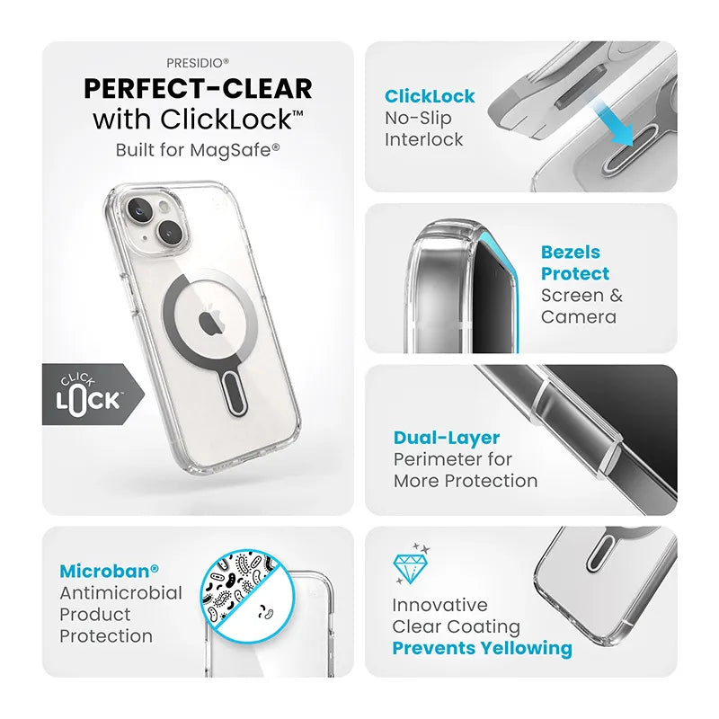 Speck Presidio Perfect-Clear ClickLock & MagSafe dėklas - iPhone 17e / 16e / 15 / 14 / 13 (Skaidrus / Chromuota apdaila / Serene Silver)