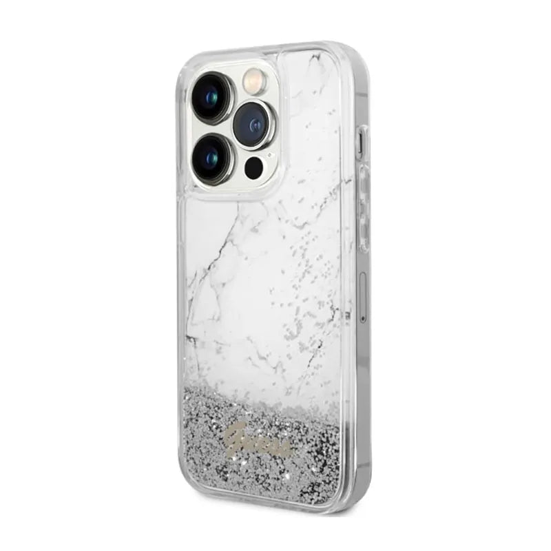 Guess Liquid Glitter Marble – dėklas iPhone 14 Pro (baltas)