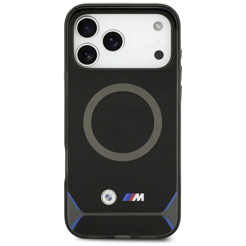 BMW M IML Metal Buttons & Logo MagSafe – dėklas iPhone 17 Pro Max (juoda-mėlyna)