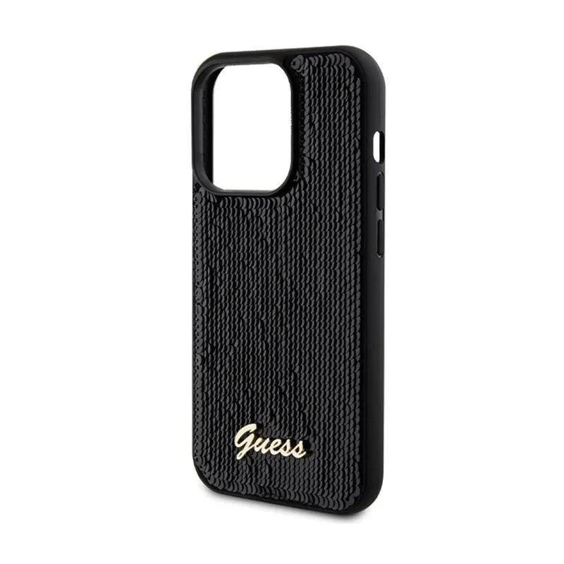 Guess Sequin Script Metal dėklas, skirtas iPhone 13 Pro Max (juodas)