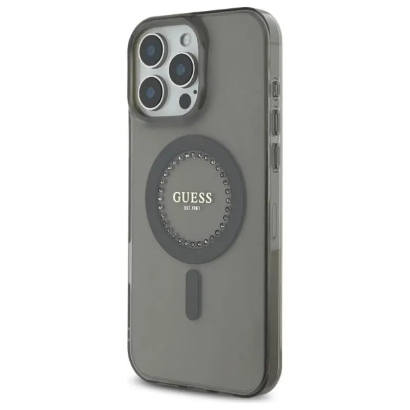 Guess IML Rhinestones MagSafe – dėklas iPhone 16 Pro Max (juodas)