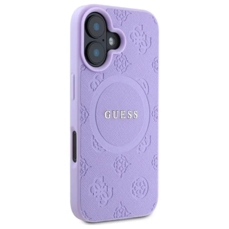 Guess Saffiano Peony Classic Logo MagSafe – dėklas iPhone 16 (violetinis)