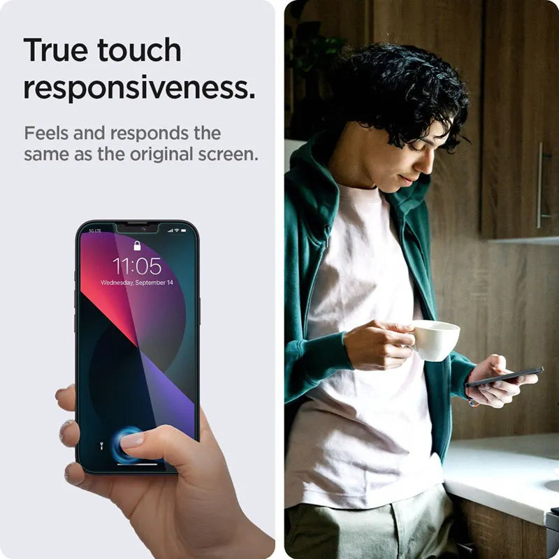Spigen GLAS.TR EZ FIT 2-Pack - Grūdintas stiklas, skirtas iPhone 17e / 16e / 14 / 13 Pro / 13, 2 vnt.