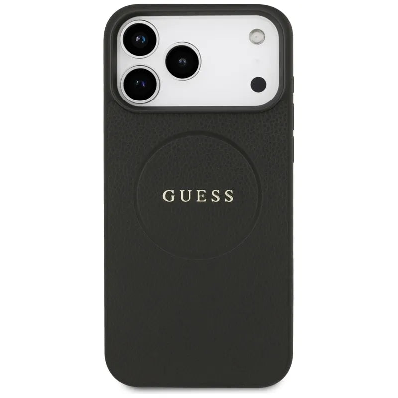 Guess Grained Ring MagSafe – Dėklas iPhone 17 Pro Max (juodas)
