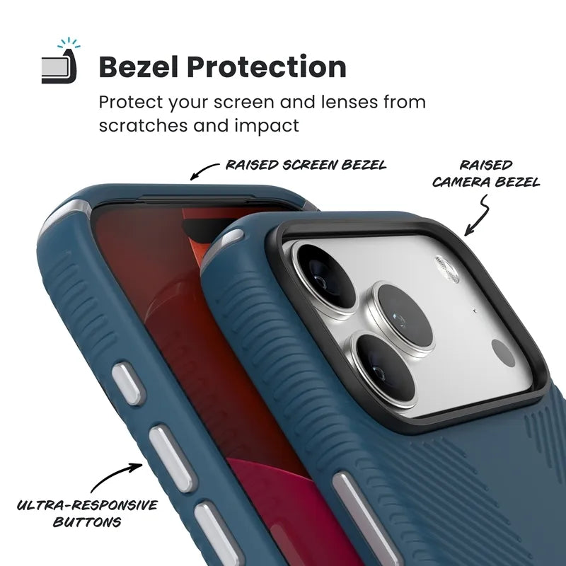 Speck Presidio2 Grip MagSafe – dėklas iPhone 17 Pro Max (Deep Sea/sidabrinė metalo spalva)