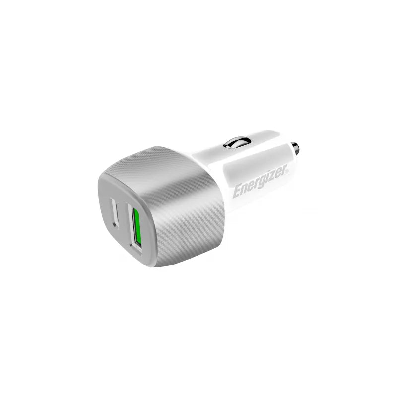 Energizer Ultimate – automobilinis įkroviklis USB-C ir USB-A 38W PD + QC3.0 (balta / sidabrinė)