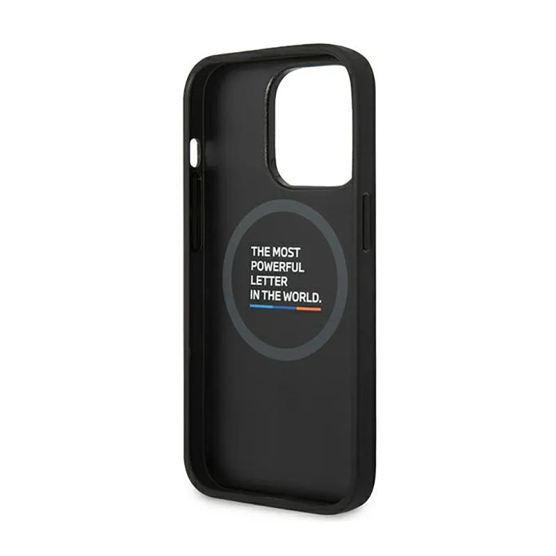 BMW Leather Hot Stamp Tricolor MagSafe – dėklas iPhone 14 Pro (juodas)