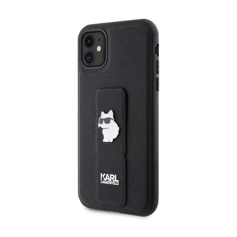 Karl Lagerfeld Gripstand Saffiano Choupette Pins – dėklas Apple iPhone 11 (juodas)