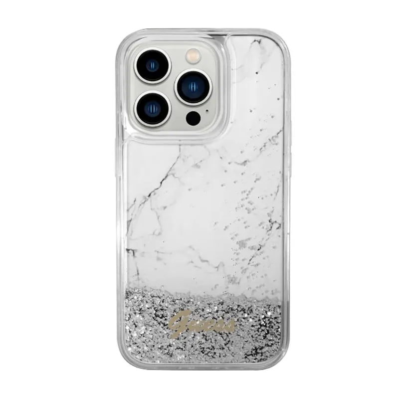 Guess Liquid Glitter Marble – dėklas iPhone 14 Pro (baltas)