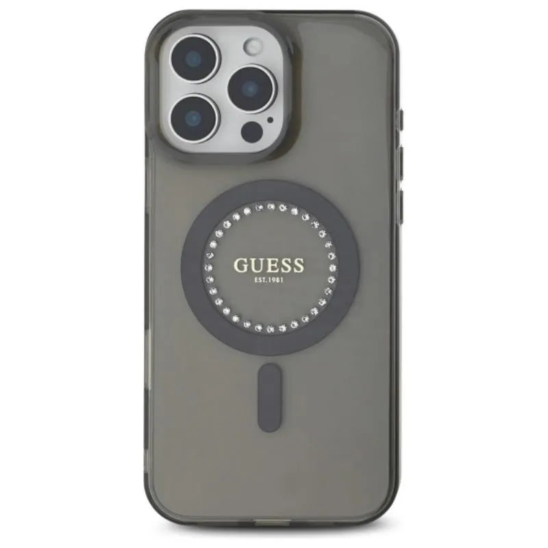 Guess IML Rhinestones MagSafe – dėklas iPhone 16 Pro Max (juodas)