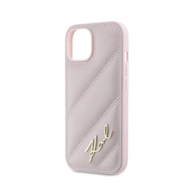 Karl Lagerfeld Diagonal Quilted Script – dėklas, skirtas iPhone 14 / 15 / 13 (rožinis)