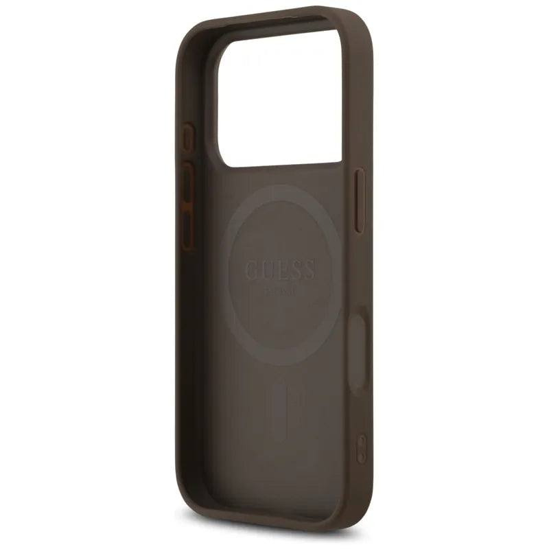 Guess 4G Printed Stripes MagSafe – Dėklas iPhone 17 Pro (rudas)