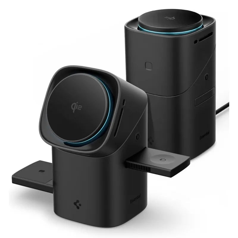 Spigen Essential EF223MS Qi2 rotacinis magnetinis 3-in-1 MagSafe indukcinis įkroviklis, skirtas iPhone, AirPods ir Apple Watch 15W (juodas)