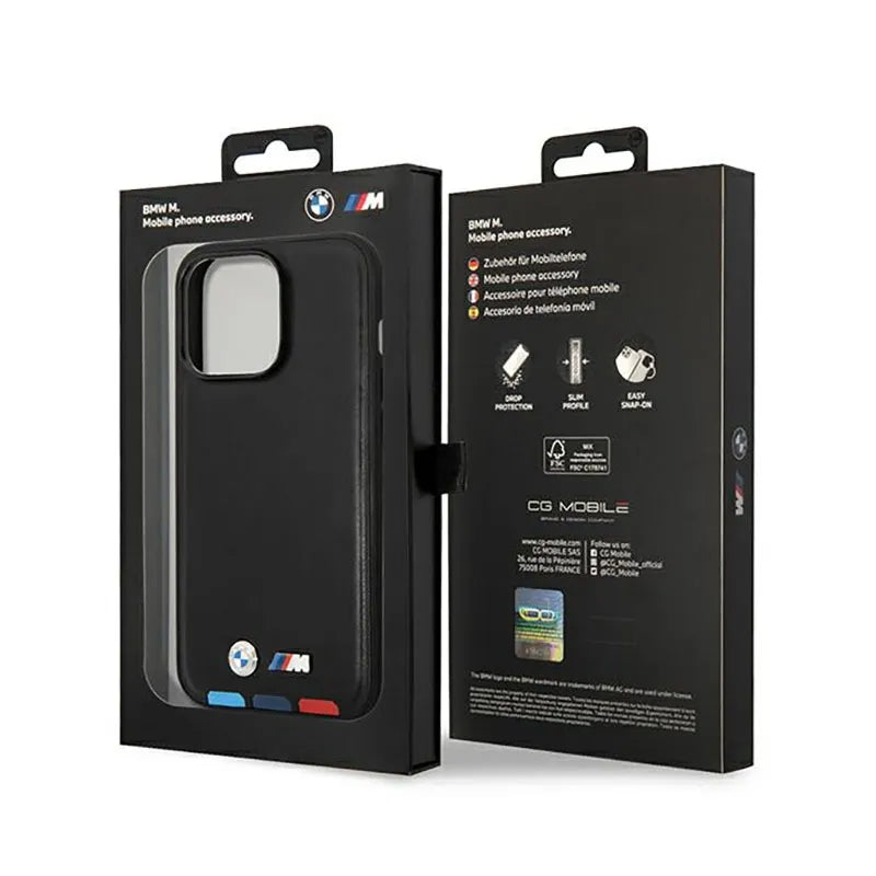 BMW Leather Hot Stamp Tricolor MagSafe – dėklas iPhone 14 Pro (juodas)