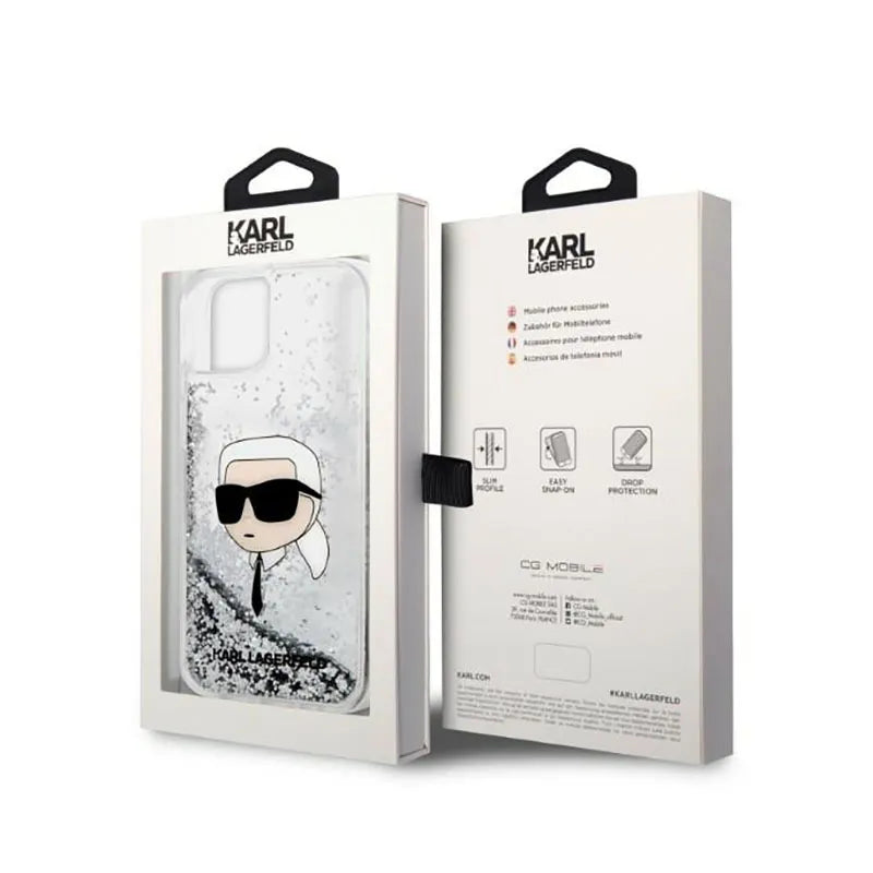 Karl Lagerfeld Liquid Glitter NFT Karl's Head - dėklas iPhone 14 Plus (sidabrinis)