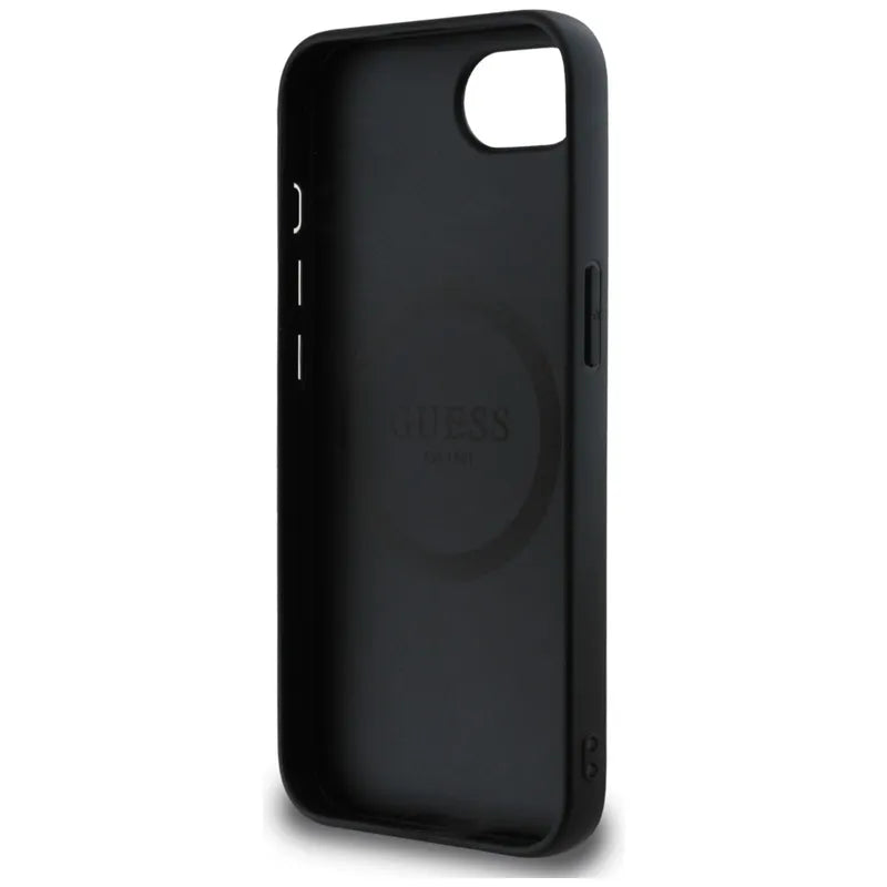 Guess Grained Triangle MagSafe – dėklas iPhone 16e (juodas)