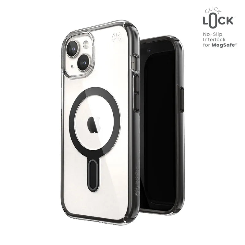 Speck Presidio Perfect-Clear ClickLock & MagSafe dėklas - iPhone 17e / 16e / 15 / 14 / 13 (skaidrus / matinis juodas / pilkas)