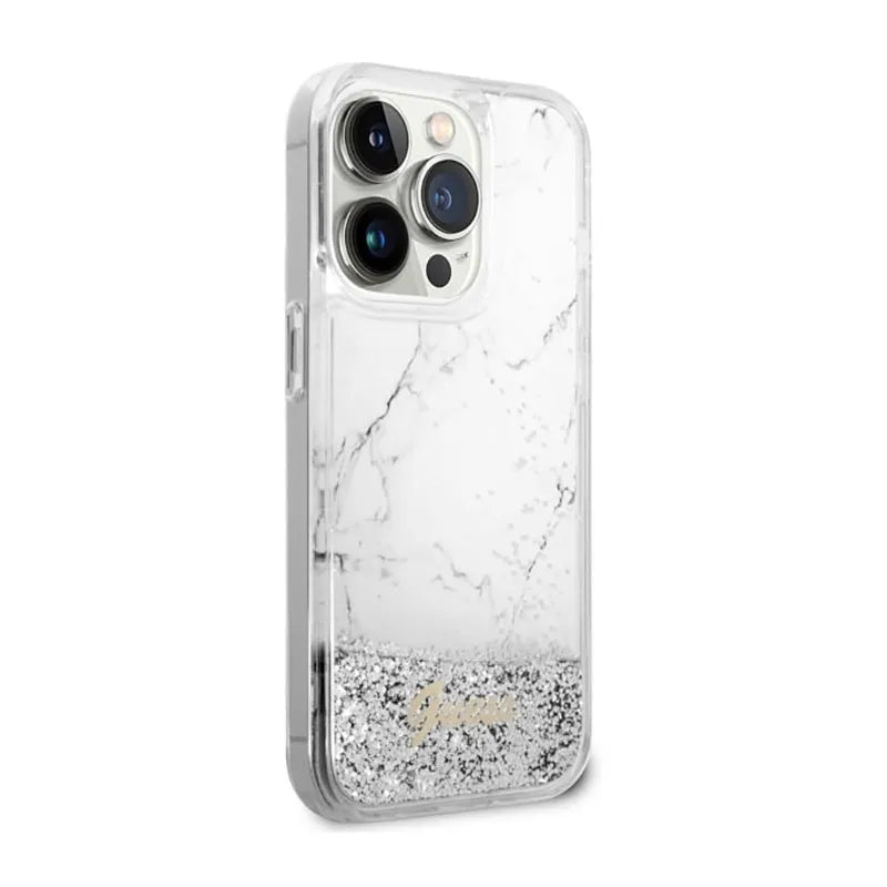 Guess Liquid Glitter Marble – dėklas iPhone 14 Pro (baltas)