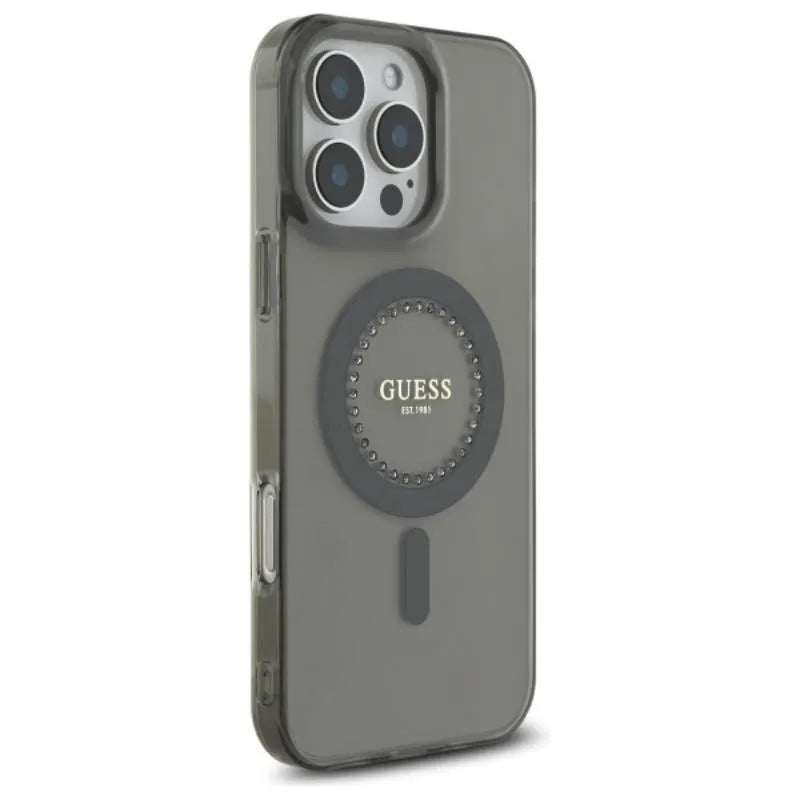 Guess IML Rhinestones MagSafe – dėklas iPhone 16 Pro Max (juodas)