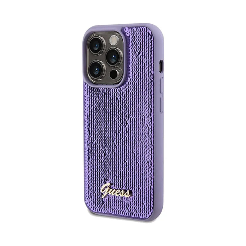 Guess Sequin Script Metal - Dėklas, skirtas iPhone 14 Pro Max (violetinis)