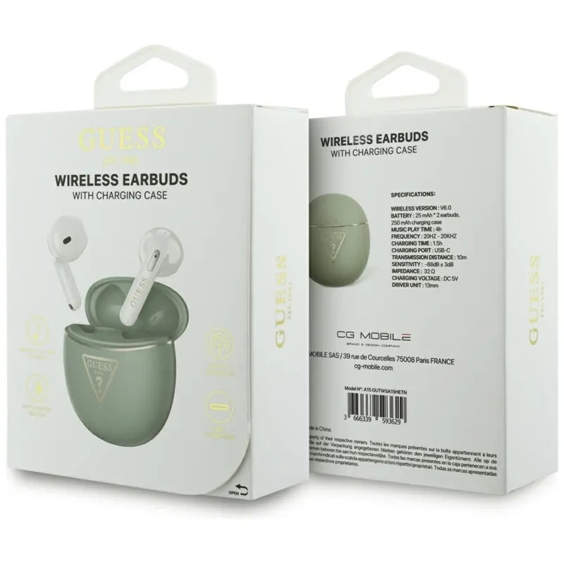 Guess Gold Line Triangle – TWS Bluetooth ausinės + įkrovimo dėklas (chaki)