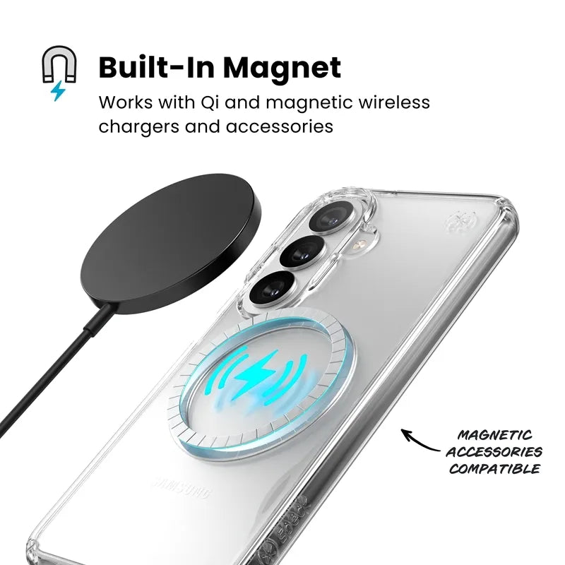 Speck Presidio Perfect-Clear Magnet – Samsung Galaxy S26 MagSafe dėklas (skaidrus/sidabrinis)