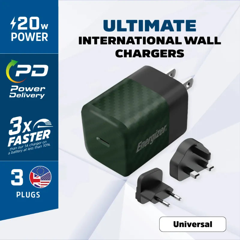 Energizer Ultimate – Kelių jungčių EU / UK / US GaN 20W PD tinklo įkroviklis (žalias)