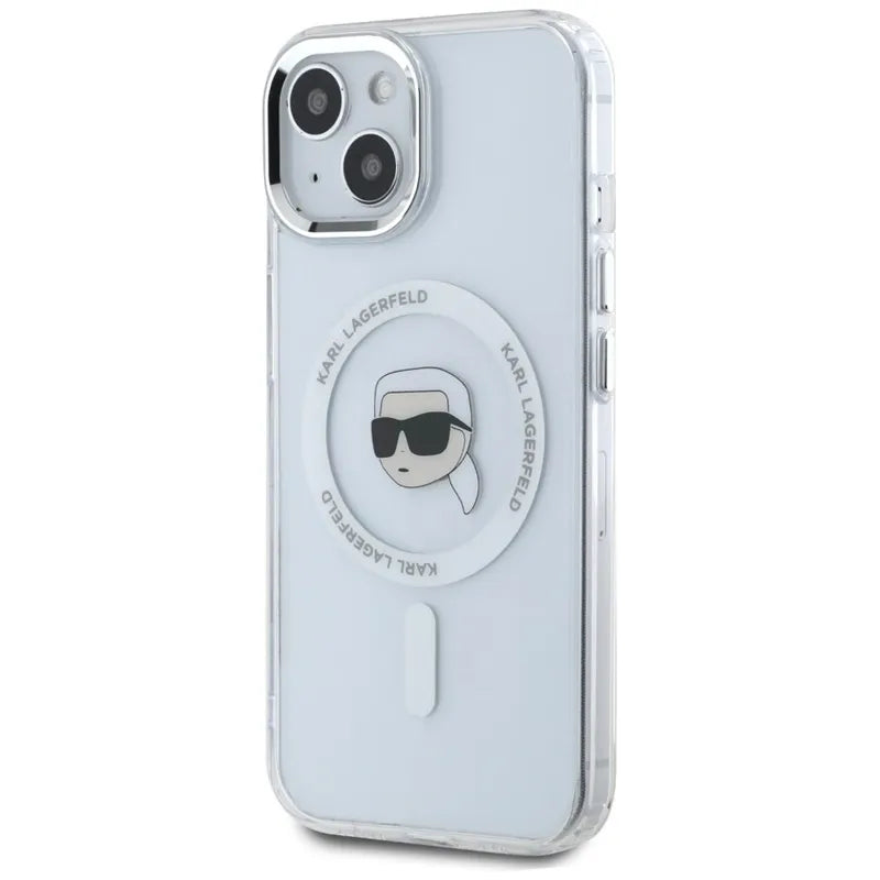 Karl Lagerfeld IML Metal Karl Head MagSafe – dėklas, skirtas iPhone 15 (baltas)