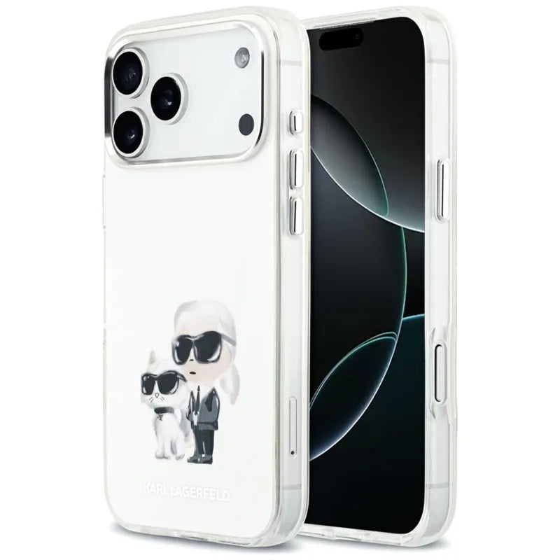 Karl Lagerfeld IML Aquarelle Karl & Choupette & Logo MagSafe dėklas, skirtas iPhone 17 Pro Max (baltas)