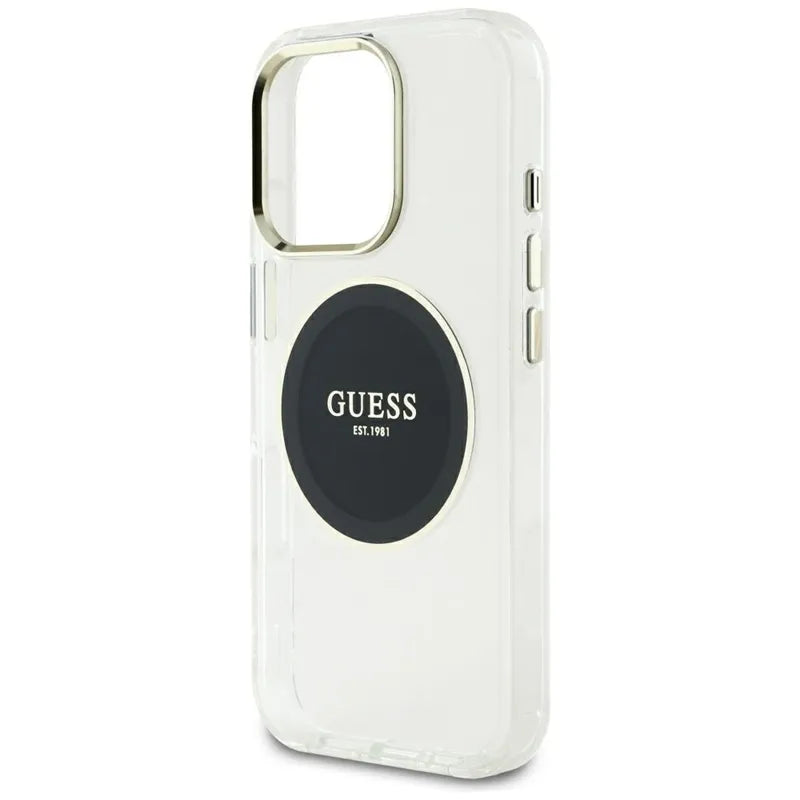 Guess IML Metal Colored Circle Classic Logo MagSafe – dėklas, skirtas iPhone 16 Pro Max (juodas)