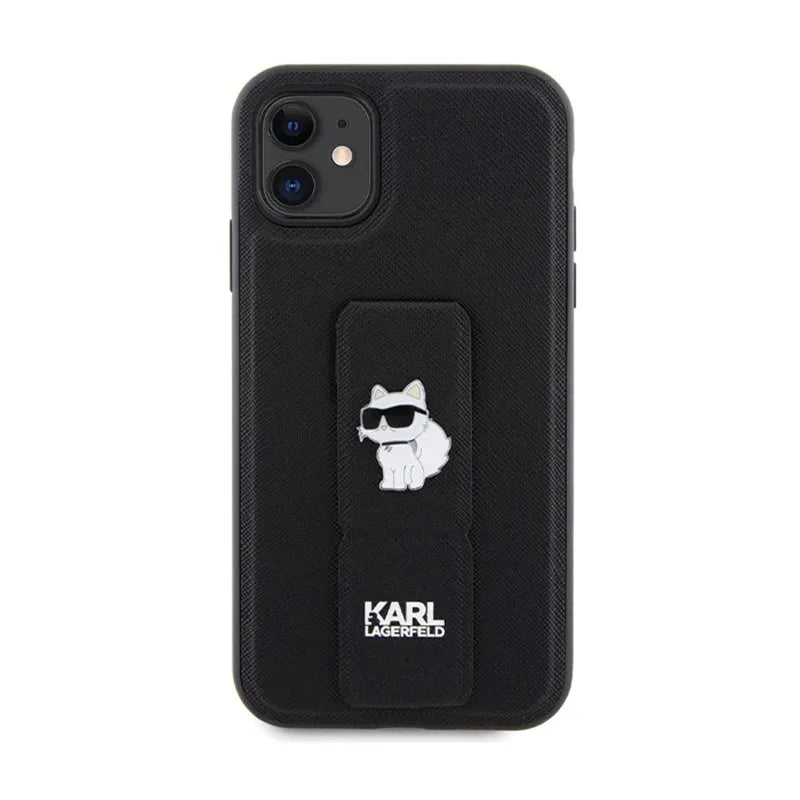 Karl Lagerfeld Gripstand Saffiano Choupette Pins – dėklas Apple iPhone 11 (juodas)