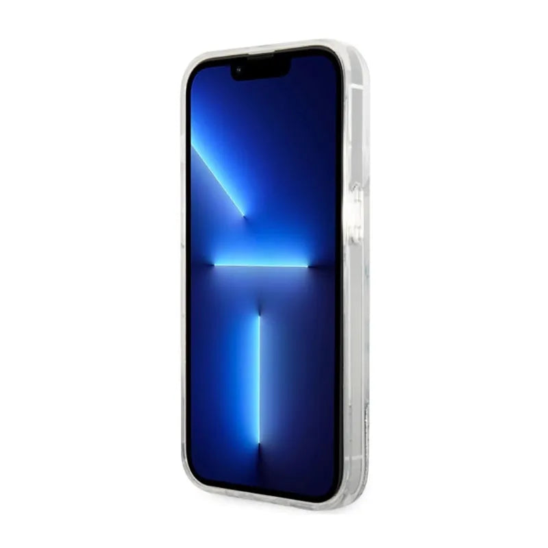 Guess Liquid Glitter Marble – dėklas iPhone 14 Pro (baltas)