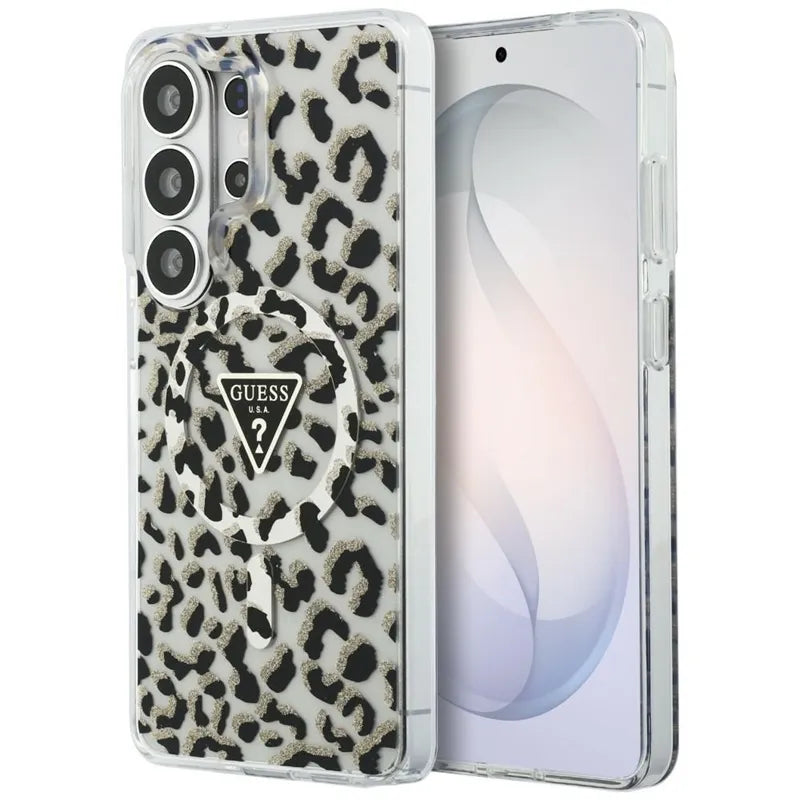 Guess IML Leopard Print Triangle MagSafe – Samsung Galaxy S26 Ultra dėklas (juodas)