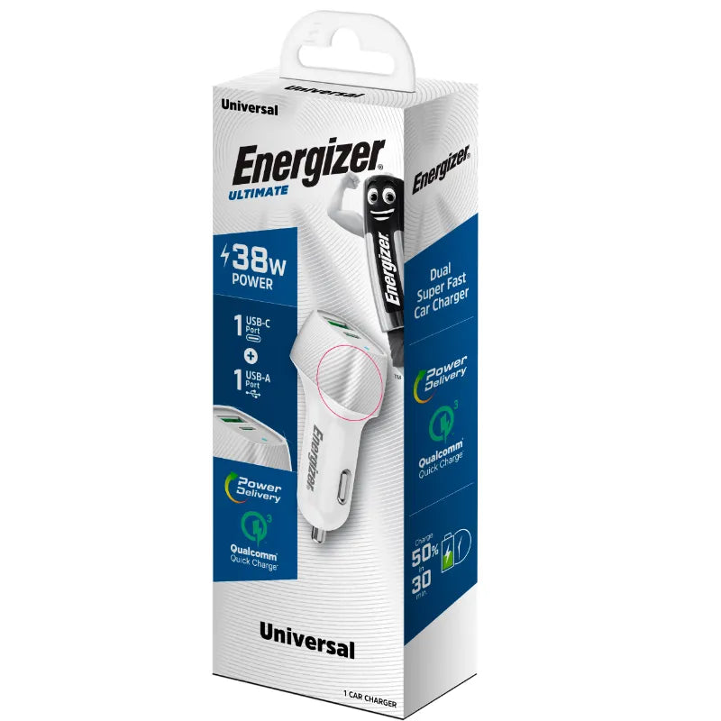 Energizer Ultimate – automobilinis įkroviklis USB-C ir USB-A 38W PD + QC3.0 (balta / sidabrinė)
