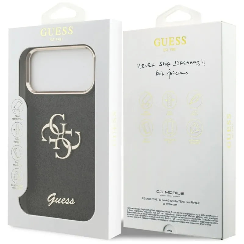 „Guess Fixed Glitter Big 4G Metal Frame“ – dėklas „iPhone 17 Pro Max“ (juodas)