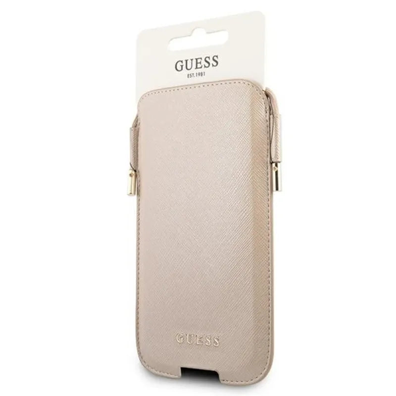 Guess Saffiano dėklas - telefono krepšys S / M max 6.1 "(auksinis)