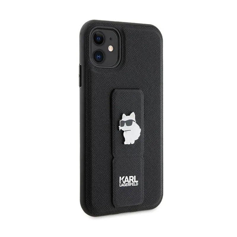 Karl Lagerfeld Gripstand Saffiano Choupette Pins – dėklas Apple iPhone 11 (juodas)