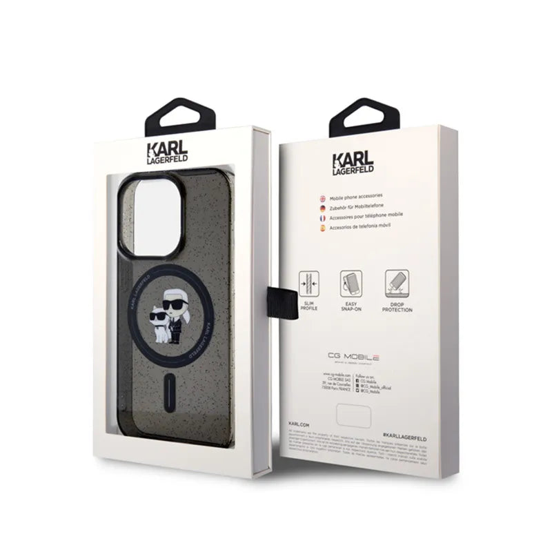 Karl Lagerfeld Karl & Choupette Glitter Magsafe – dėklas iPhone 15 Pro (juodas)