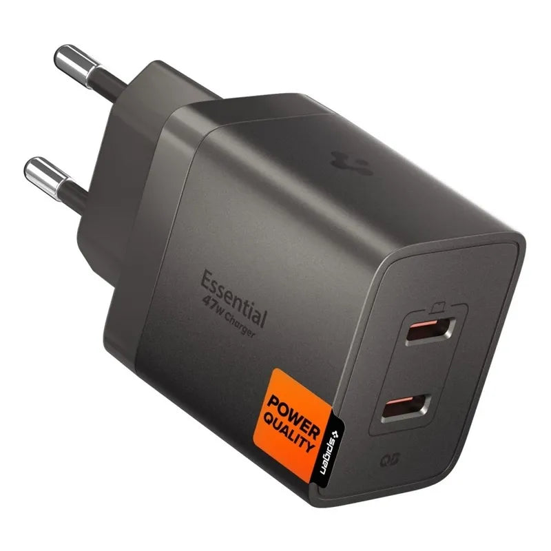 Spigen Essential EE472EU GaN - 2x USB-C PD PPS 47W sieninis įkroviklis (tamsiai pilkas)