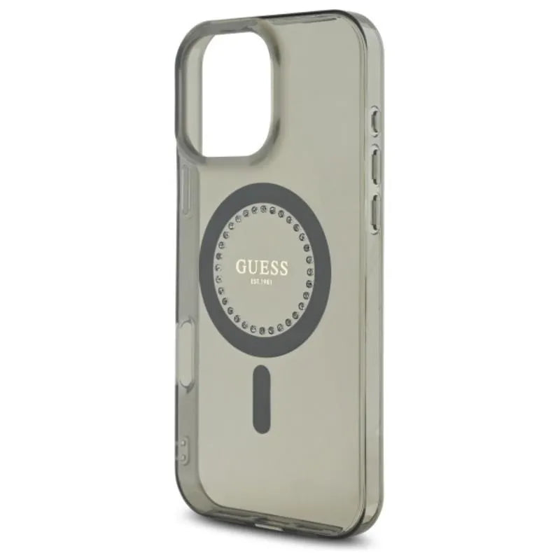 Guess IML Rhinestones MagSafe – dėklas iPhone 16 Pro Max (juodas)